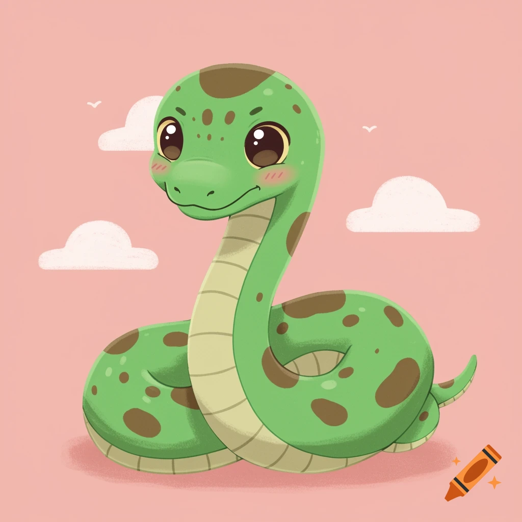 A cute green cartoon snake with brown spots is coiled on a pink background with clouds.