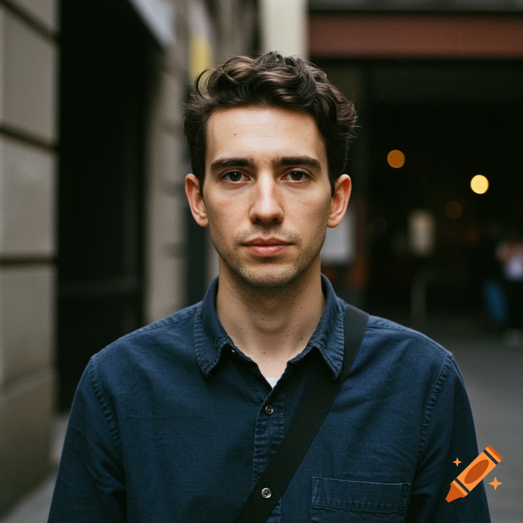 Young man in a blue shirt looking at the camera in an urban setting.