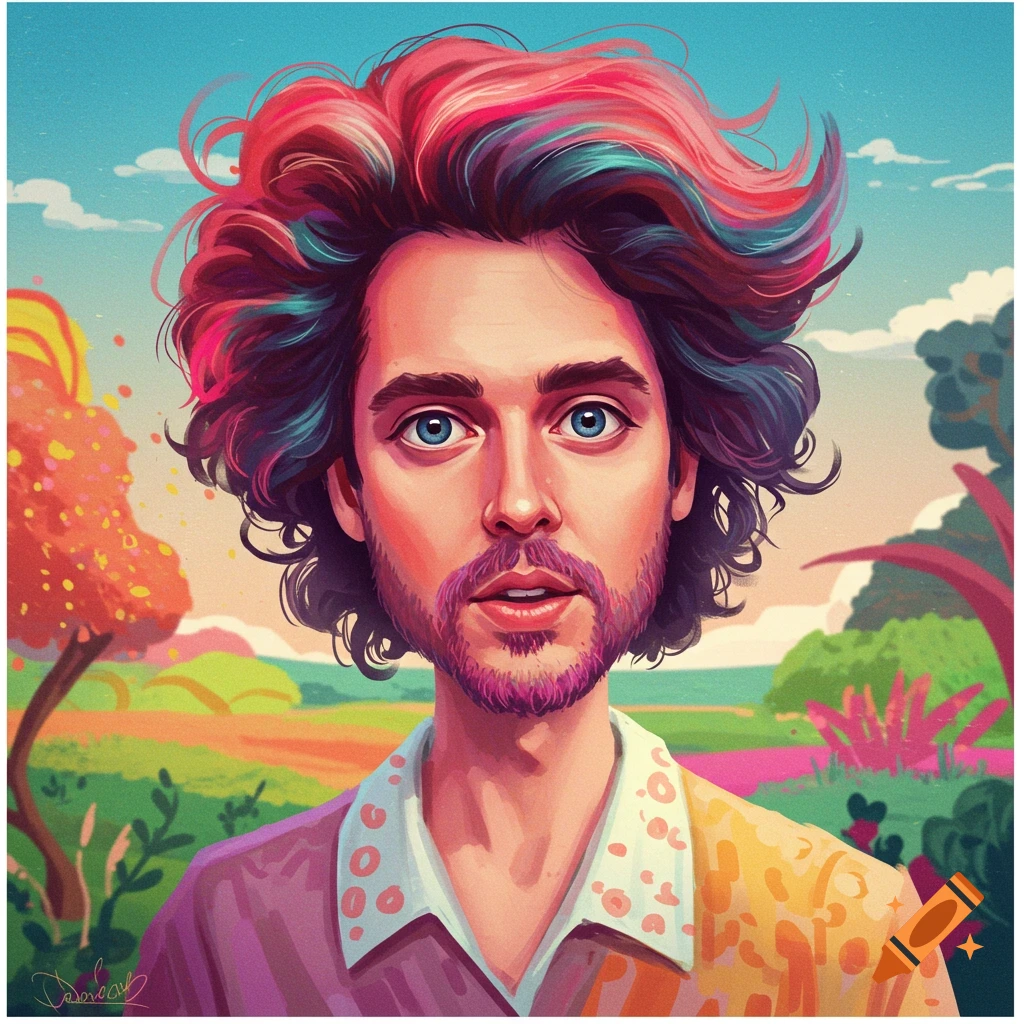 Stylized image of a man with bright, multi-colored hair and beard in a fantasy landscape.