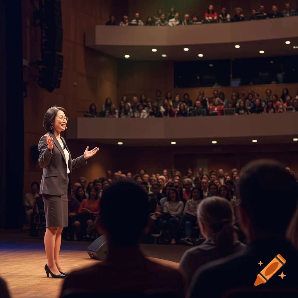 Woman speaks on stage to large audience in auditorium.