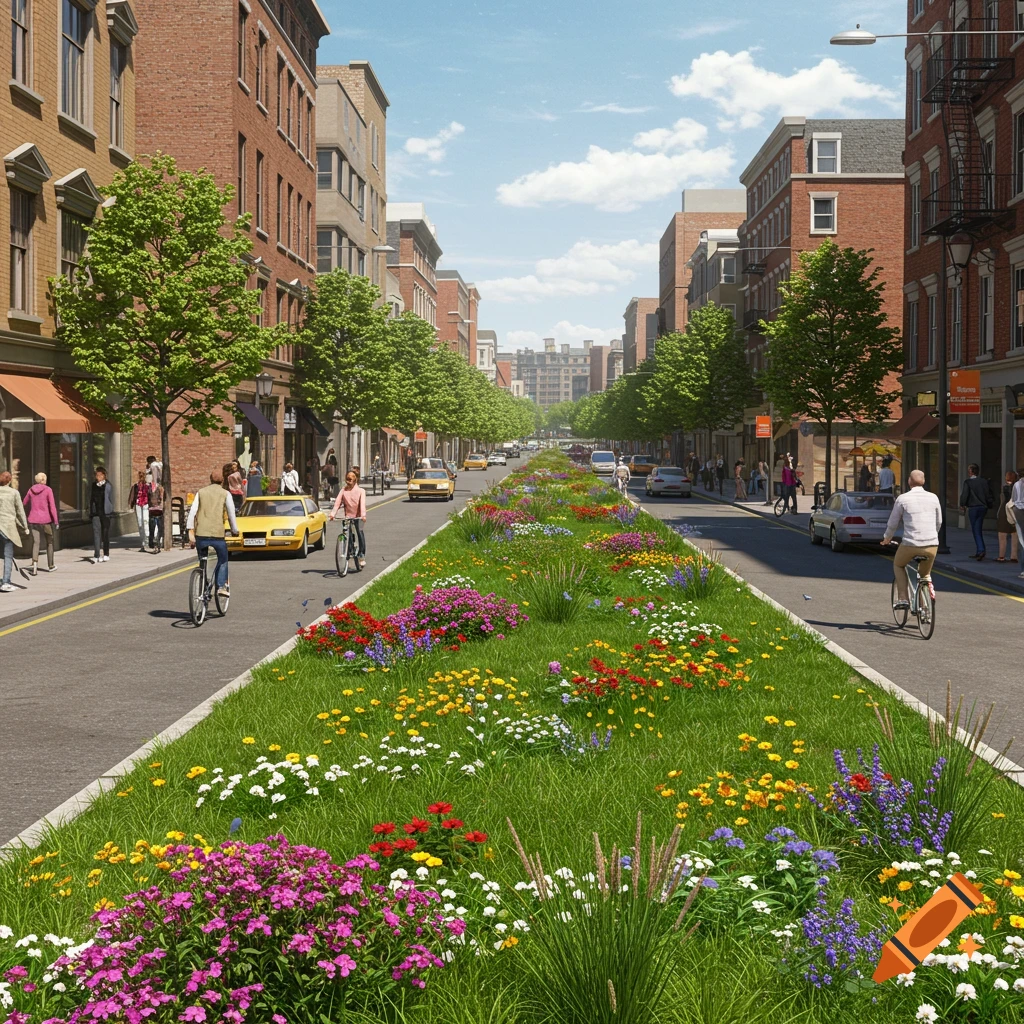 A city street with a wide median filled with colorful flowers and grass, with people and cars around.