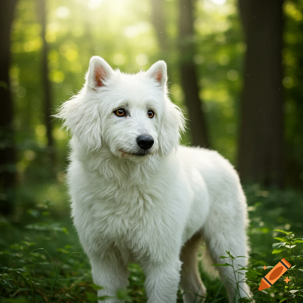 A white fluffy dog with golden eyes stands in a sunlit forest.