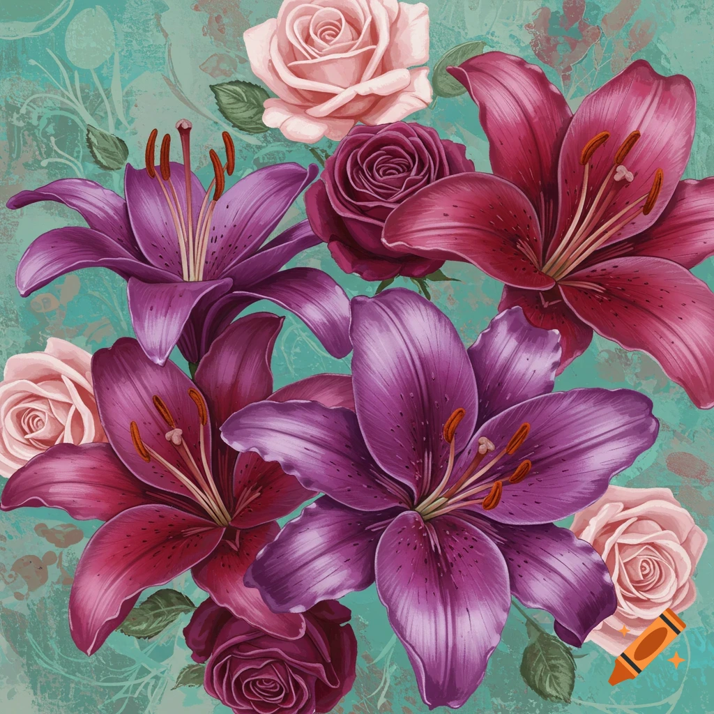Close-up of purple lilies and pink roses on a textured background.