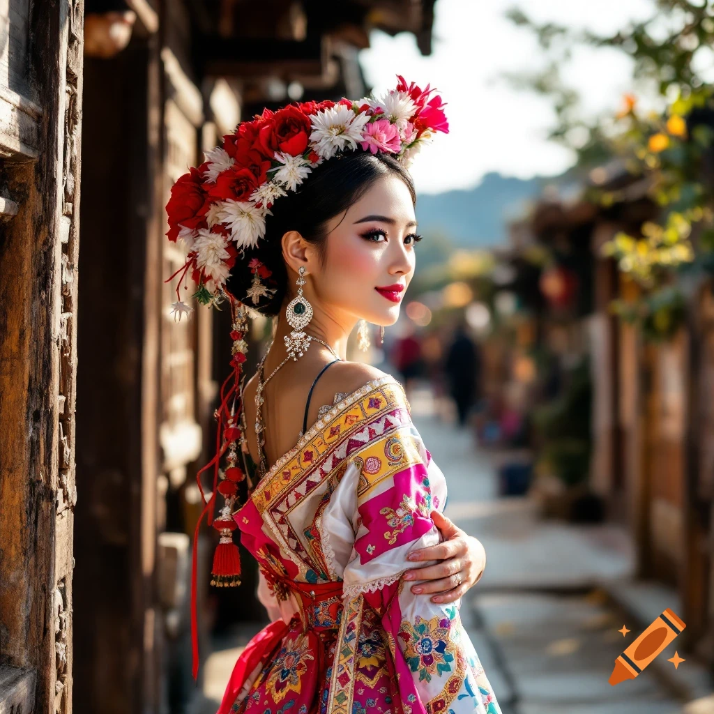 Woman in traditional floral headdress and colorful dress looking over her shoulder in an outdoor street scene.