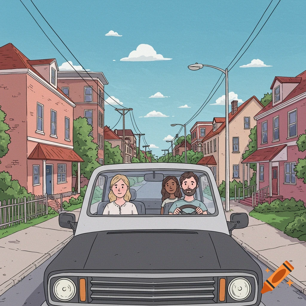 A family drives in a car down a tree-lined suburban street in a cartoon style.