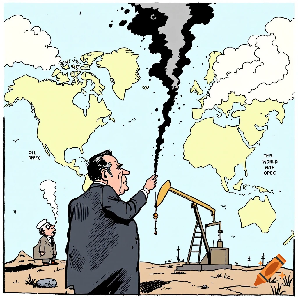 Political cartoon of Nixon pointing at oil smoke over world map, symbolizing OPEC influence.