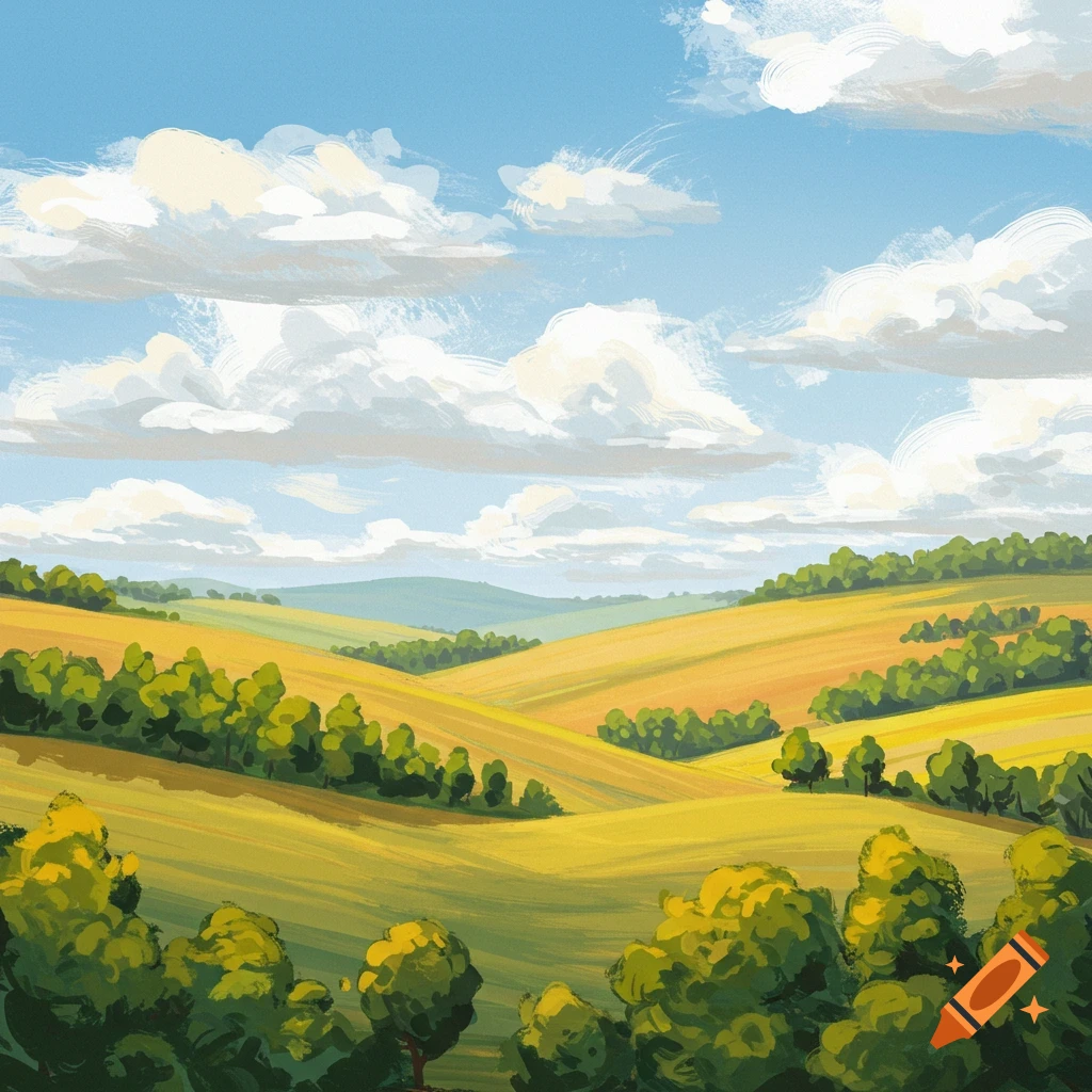 Rolling green and yellow hills covered in trees under a cloudy blue sky.