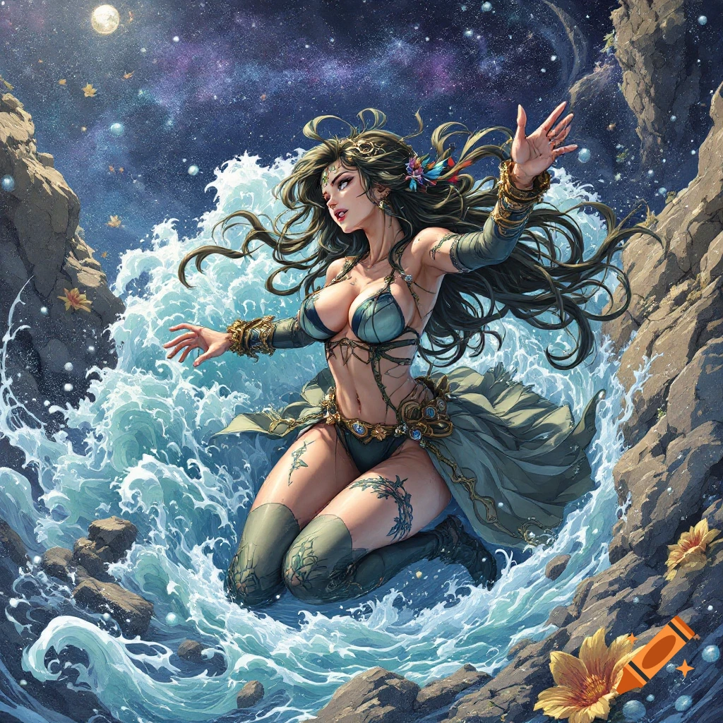 Fantasy woman surrounded by water under a starry sky.