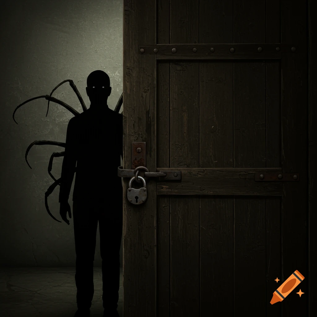 A dark figure with insect limbs is peering from behind a locked wooden door.