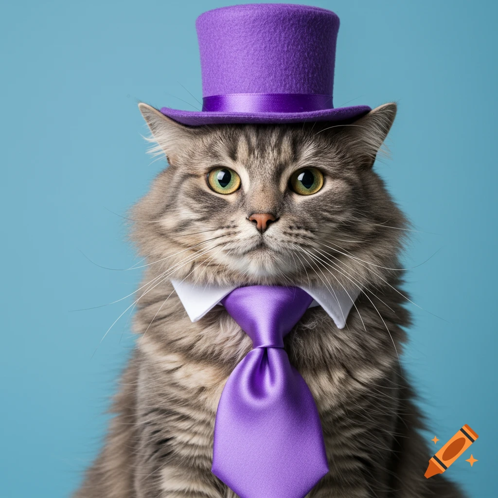 A fluffy gray cat wears a purple top hat and tie against a blue background.
