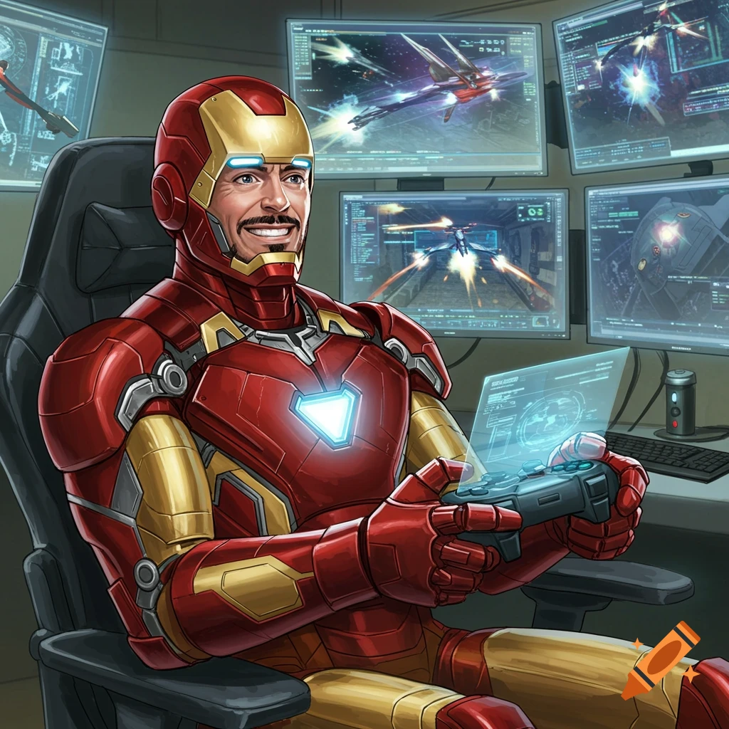 Iron Man in his suit playing video games in a gaming chair surrounded by multiple screens.