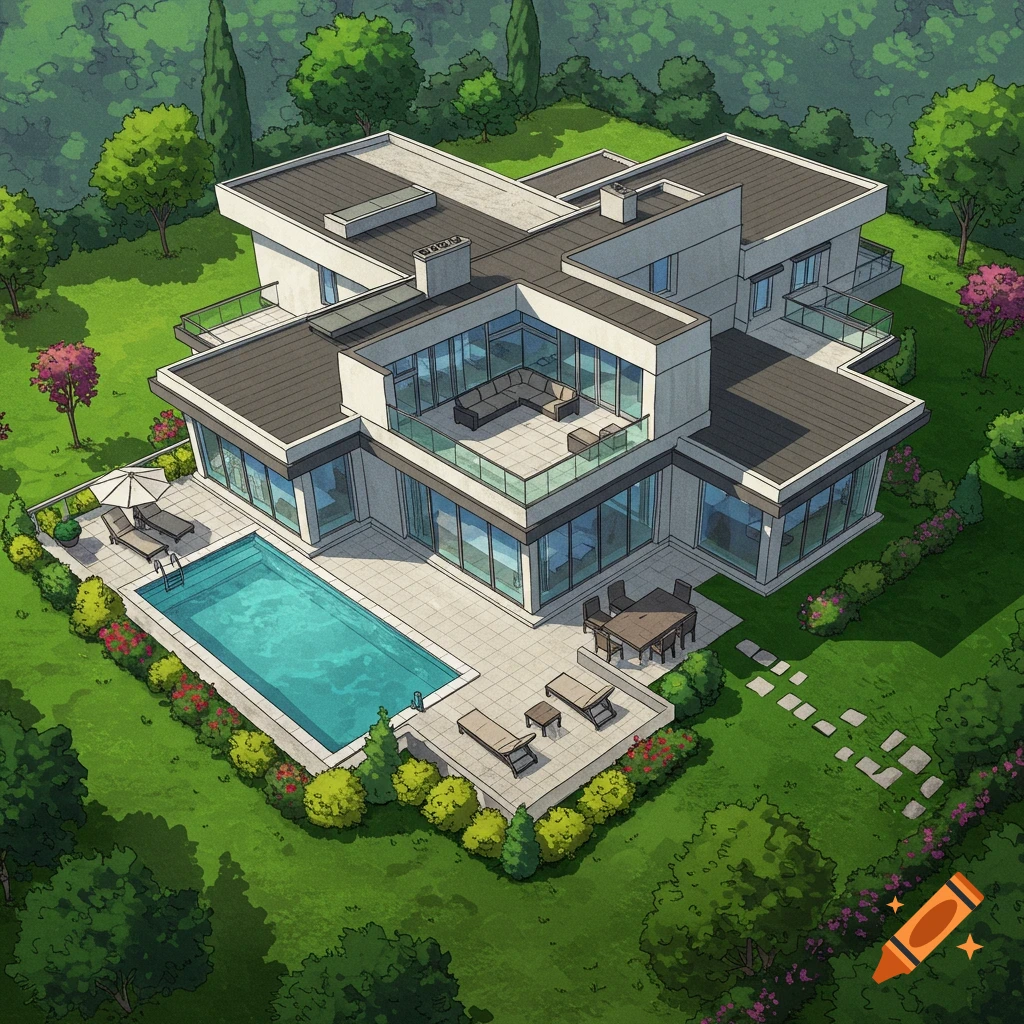 A luxurious modern house with a pool and garden viewed from an upper perspective.