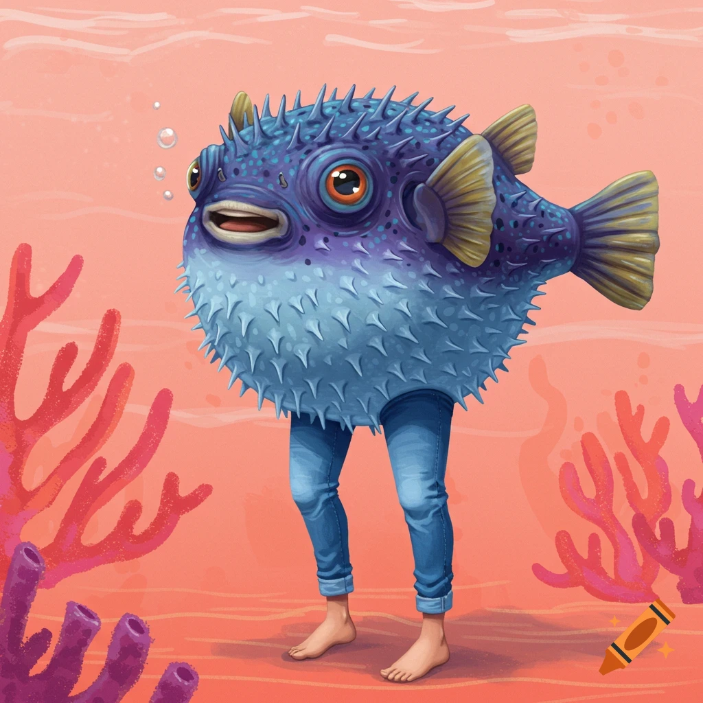 A pufferfish with human legs stands on the sandy bottom near coral.