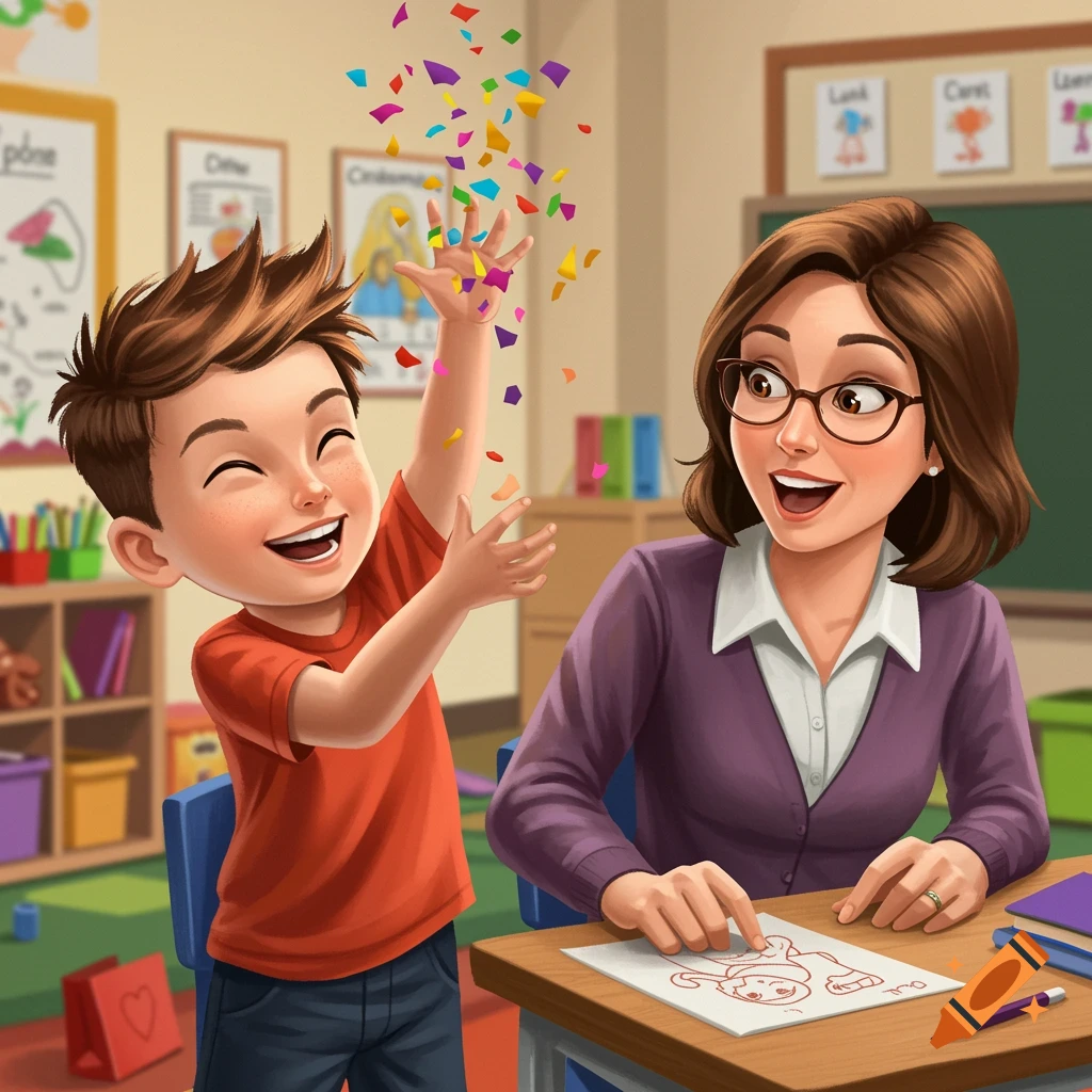Cartoon illustration of a boy throwing confetti in a classroom at his amused teacher.