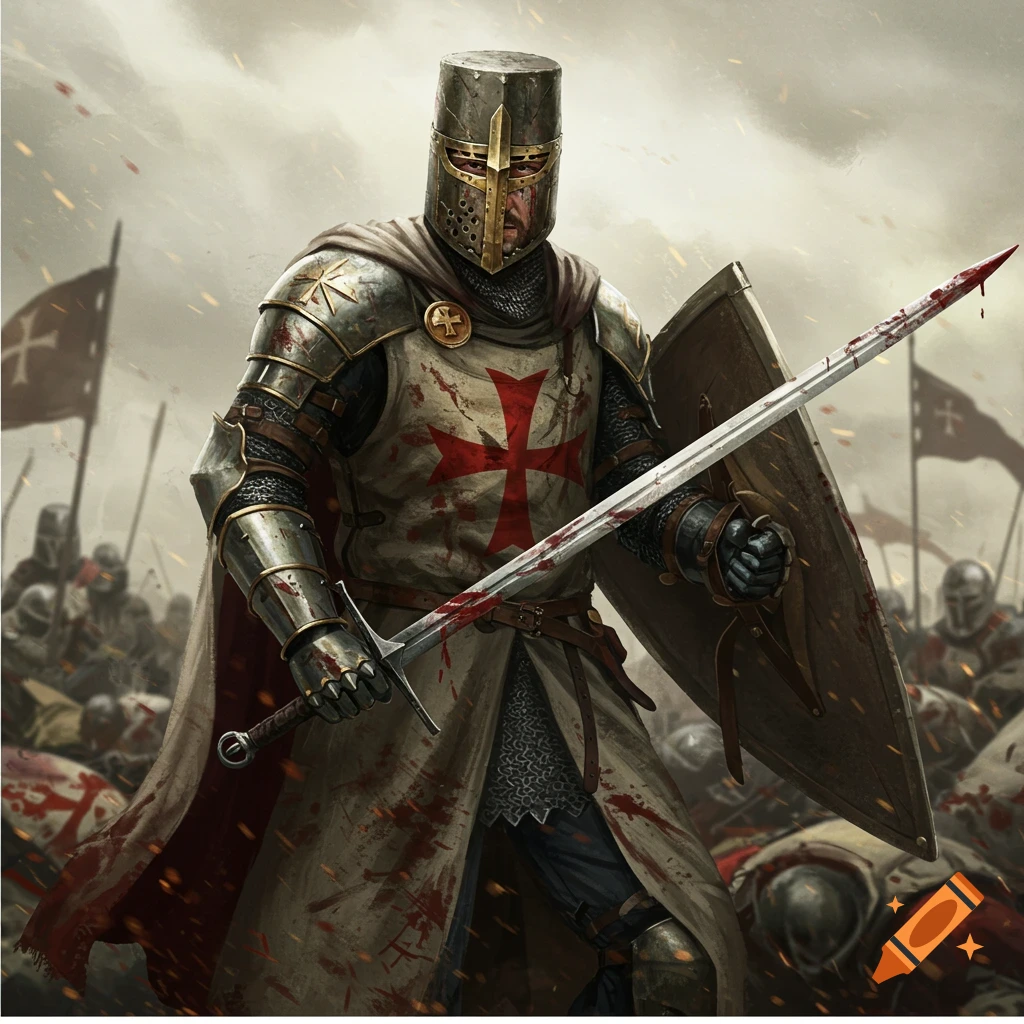 A crusader warrior stands on a battlefield with a bloody sword and shield.