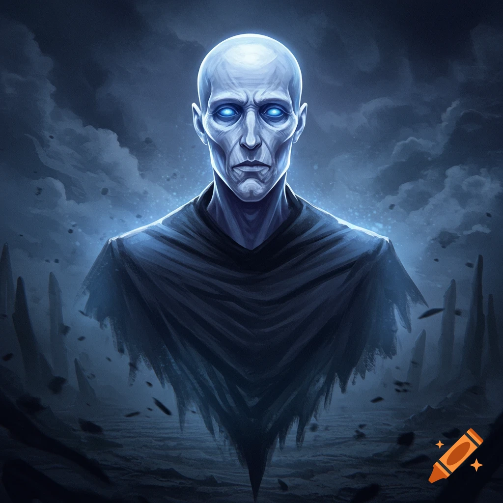 A pale, bald figure with glowing blue eyes and a dark cloak against a stormy background.