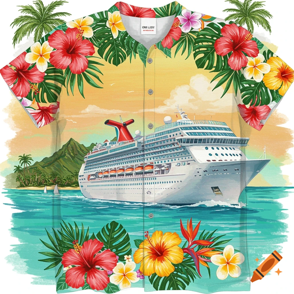 Image of a cruise ship and tropical flowers on a Hawaiian shirt design.