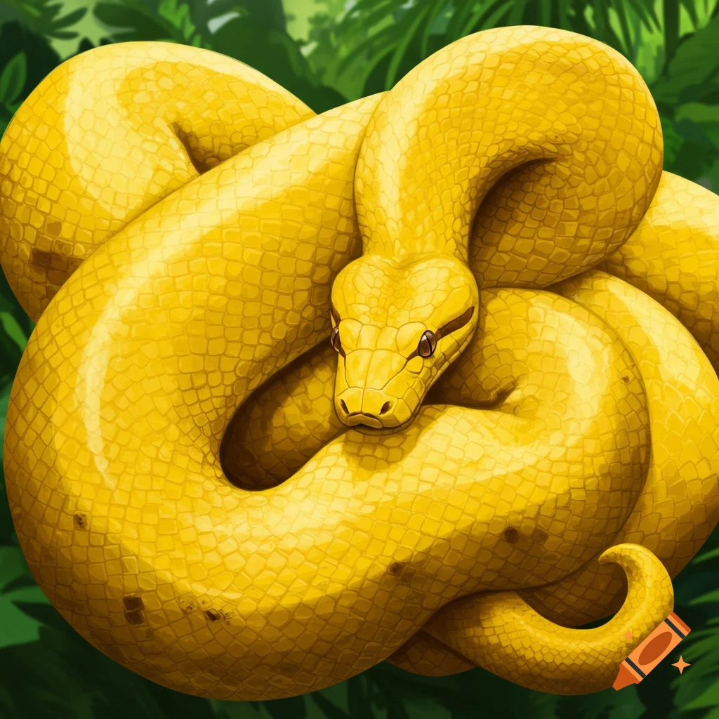 A coiled yellow snake with dark markings on its head is shown close up, surrounded by blurred green leaves.