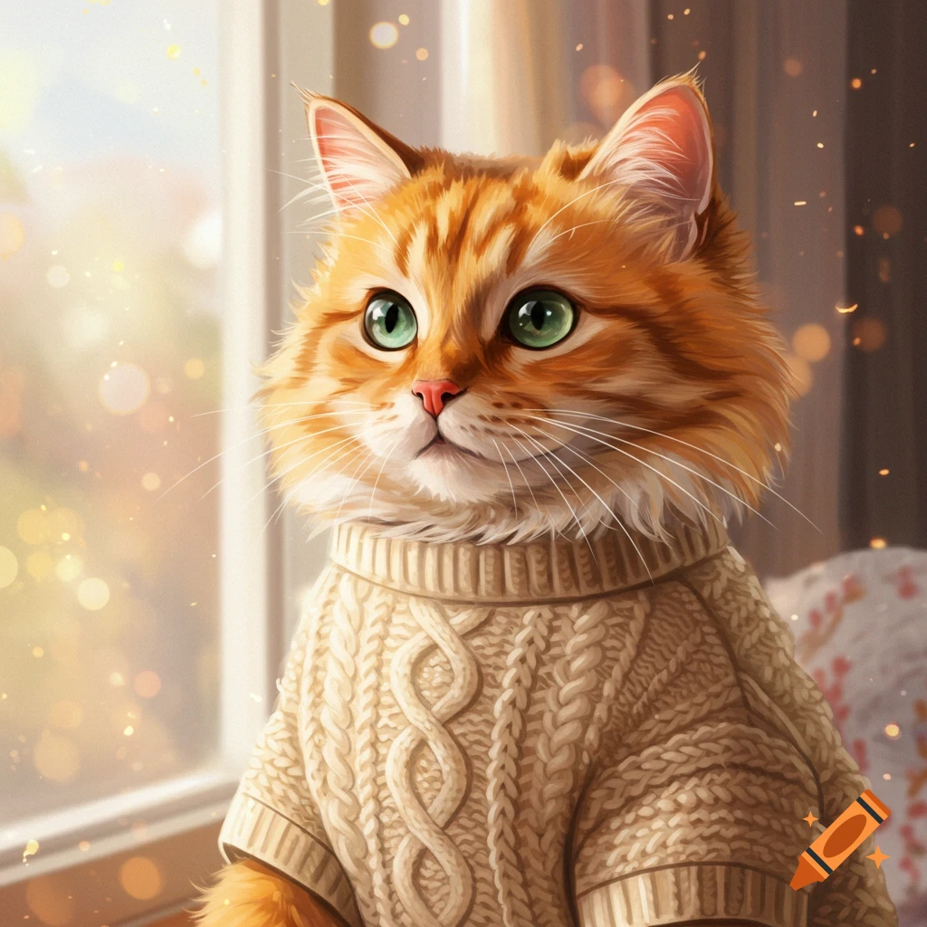 An orange tabby cat wearing a knit sweater, looking out a window with bokeh lights.