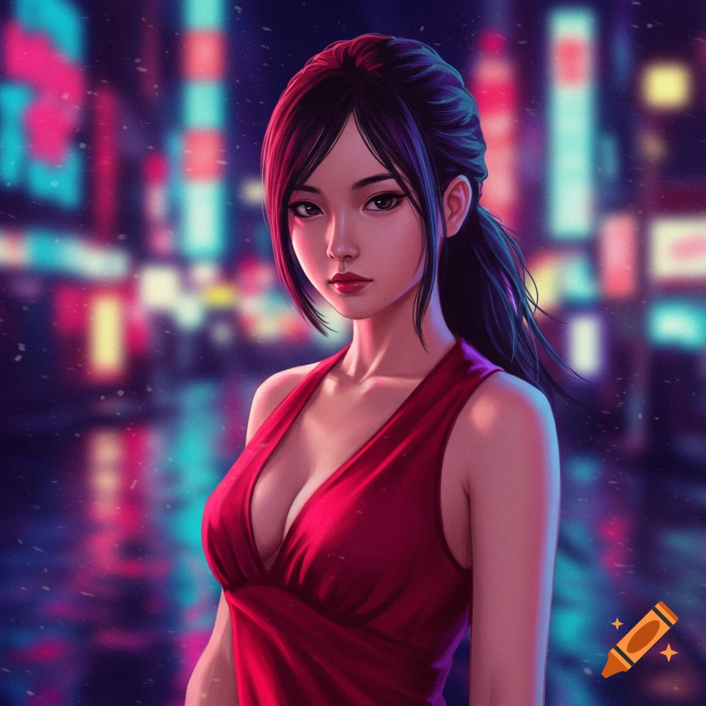 A woman in a red dress stands in front of blurry neon city lights.