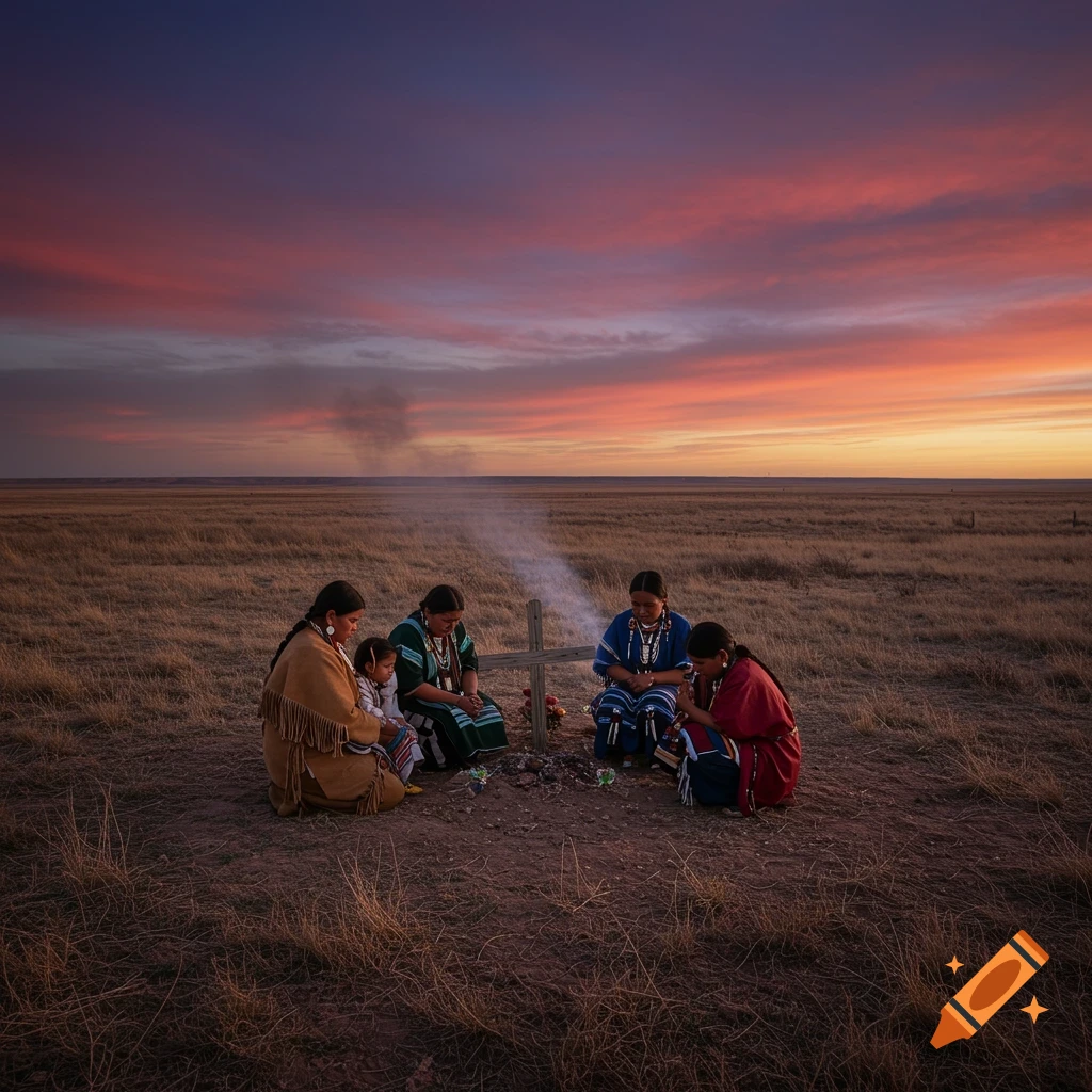 Native American family gathered around a wooden cross on a prairie at sunset with smoke rising.