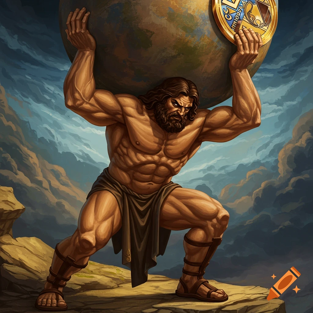 The mythical figure Atlas is depicted holding a large sphere and a circular badge.