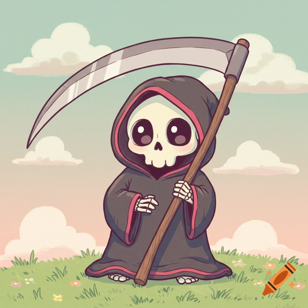 A cute, cartoon-style grim reaper character holding a large scythe stands in a grassy field under a cloudy sky.