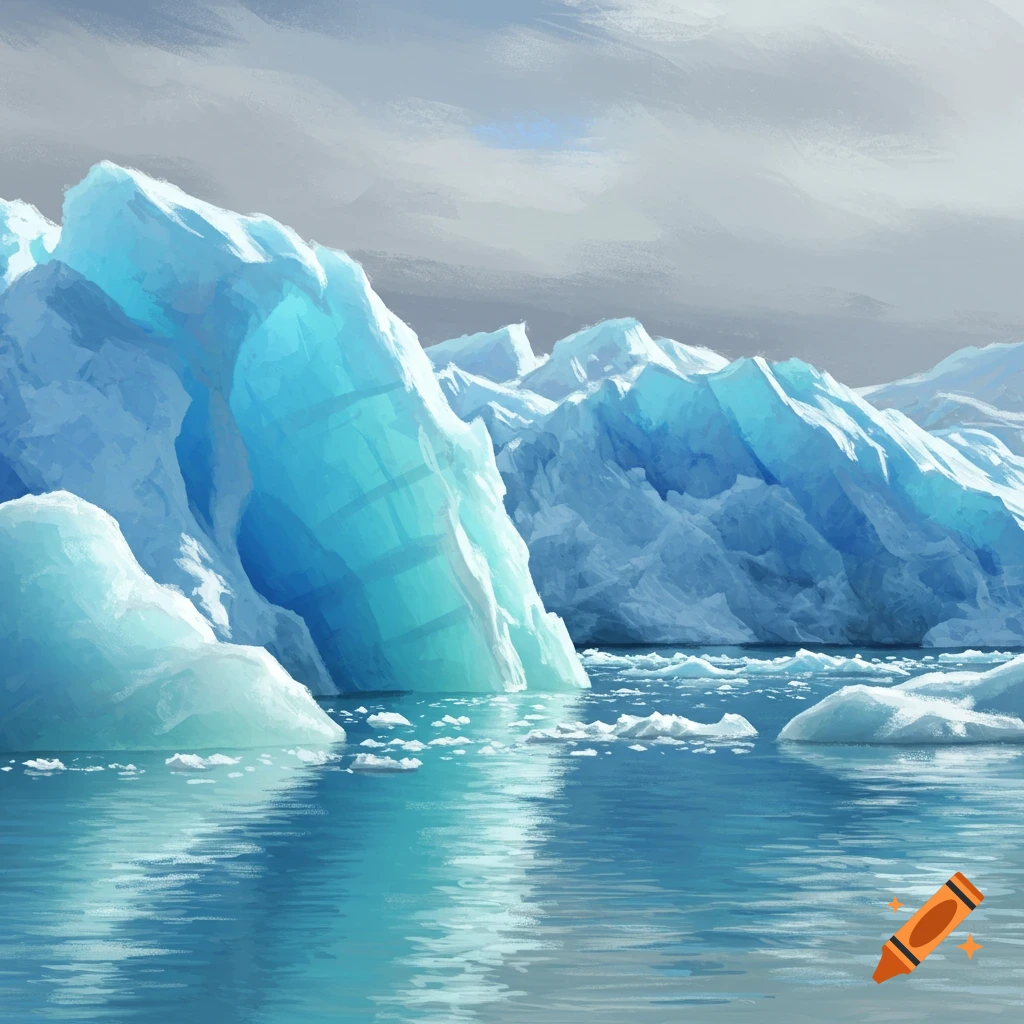 Large blue glaciers in a vast blue ocean under a cloudy sky