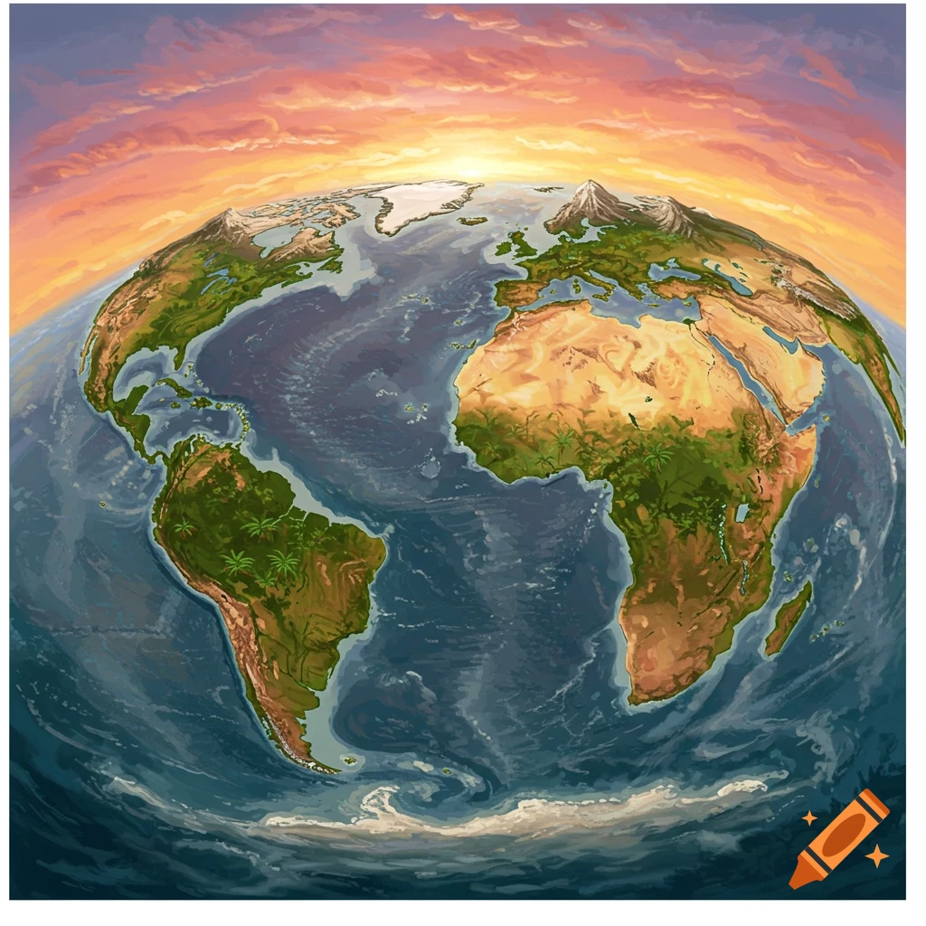 A depiction of the Earth showing continents, oceans, and a colorful sunset sky