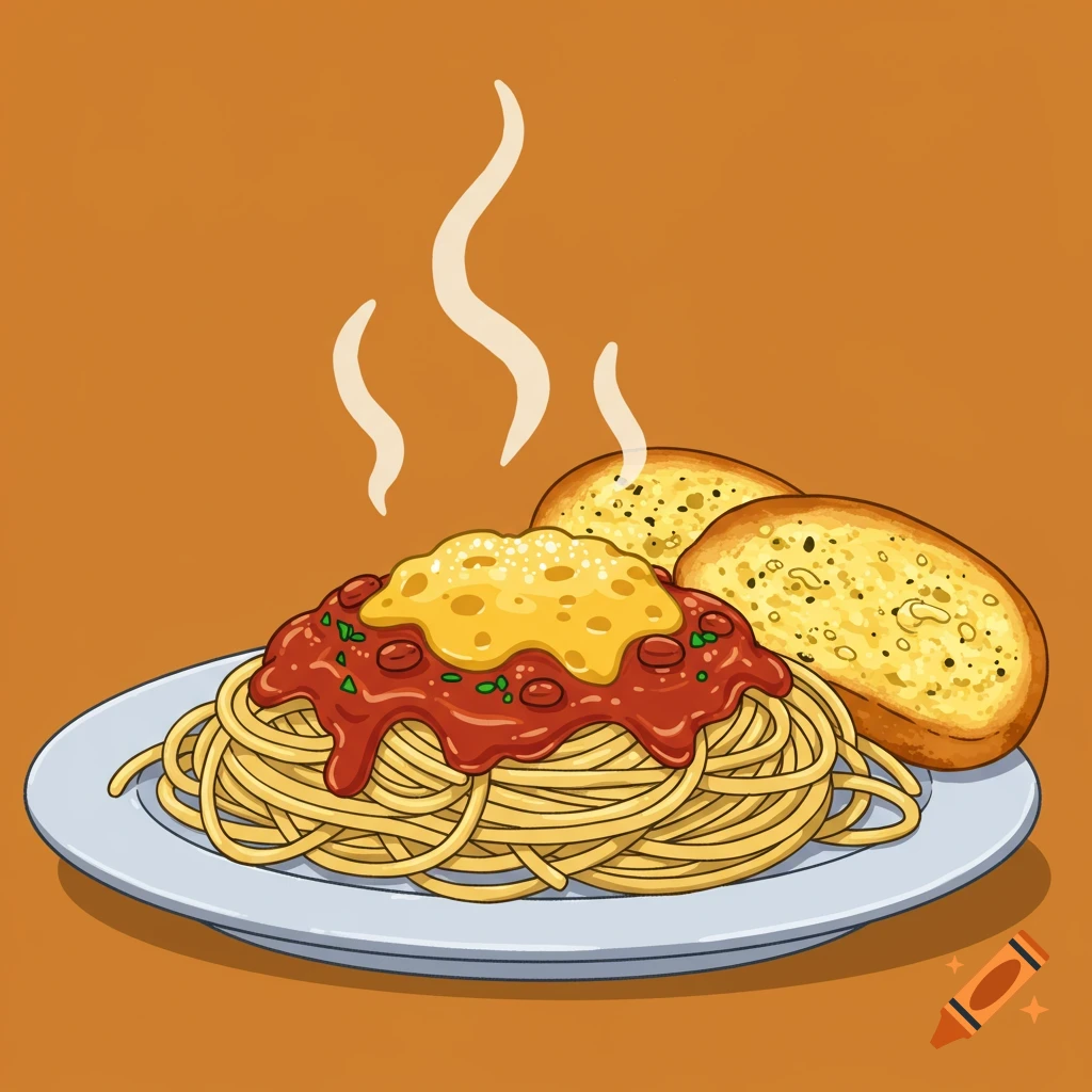 Cartoon image of spaghetti with sauce and cheese and two slices of garlic bread on a plate, with steam.