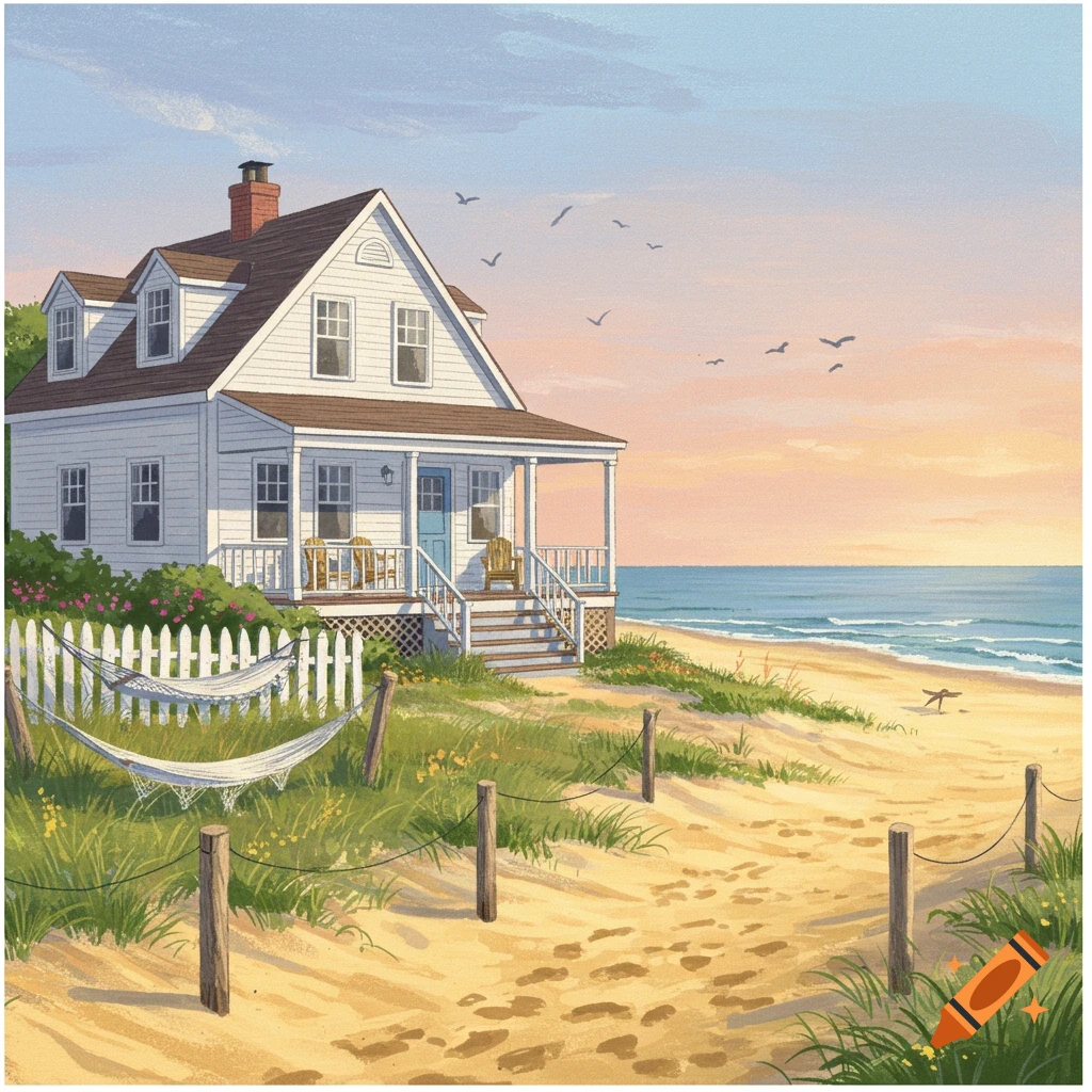 White house on a sandy beach with a hammock and seagulls.