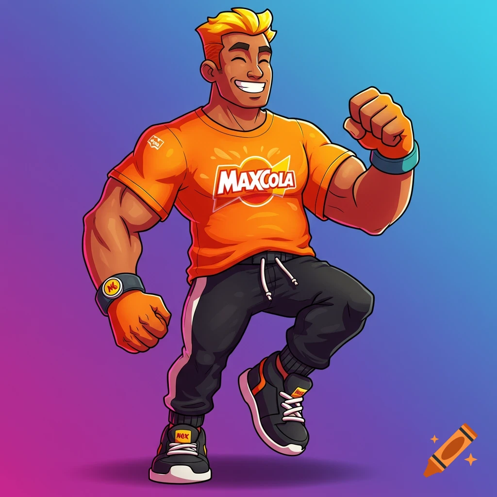 Cartoon man in a MaxCola shirt running
