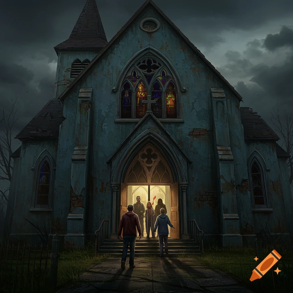 A rundown church at night with people on the steps.