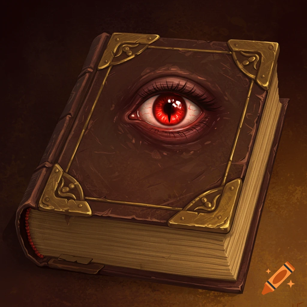 an ancient brown book with a red eye in the cover's center