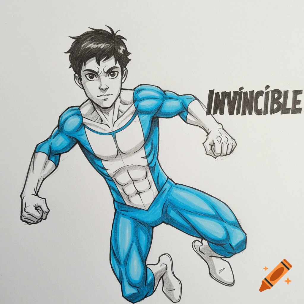 Sketch of the superhero Invincible in a blue and white suit, in an action pose, with the title 'INVINCIBLE' next to him.