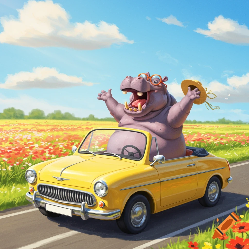 A cartoon hippo wearing glasses waves from a yellow convertible driving through a field of red flowers.