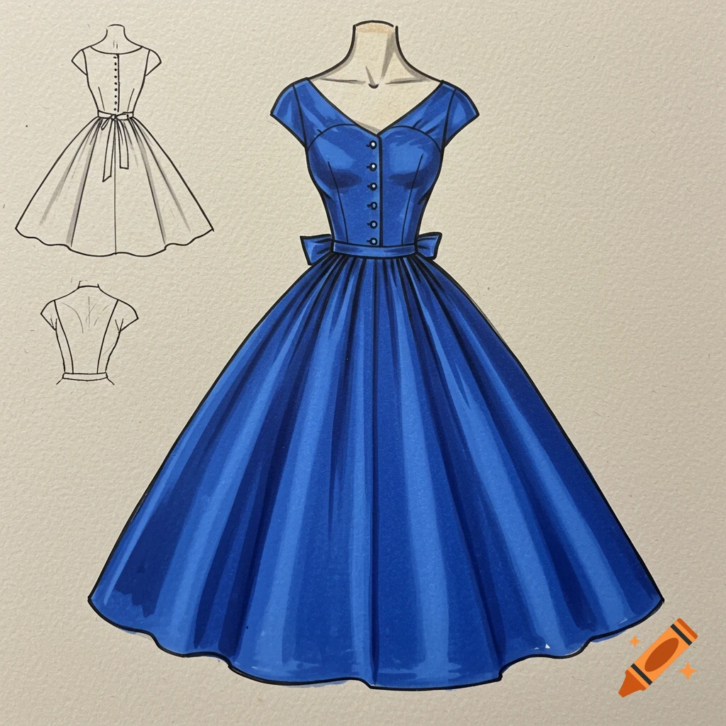 Illustration of a blue 1950s dress design with front and back views.