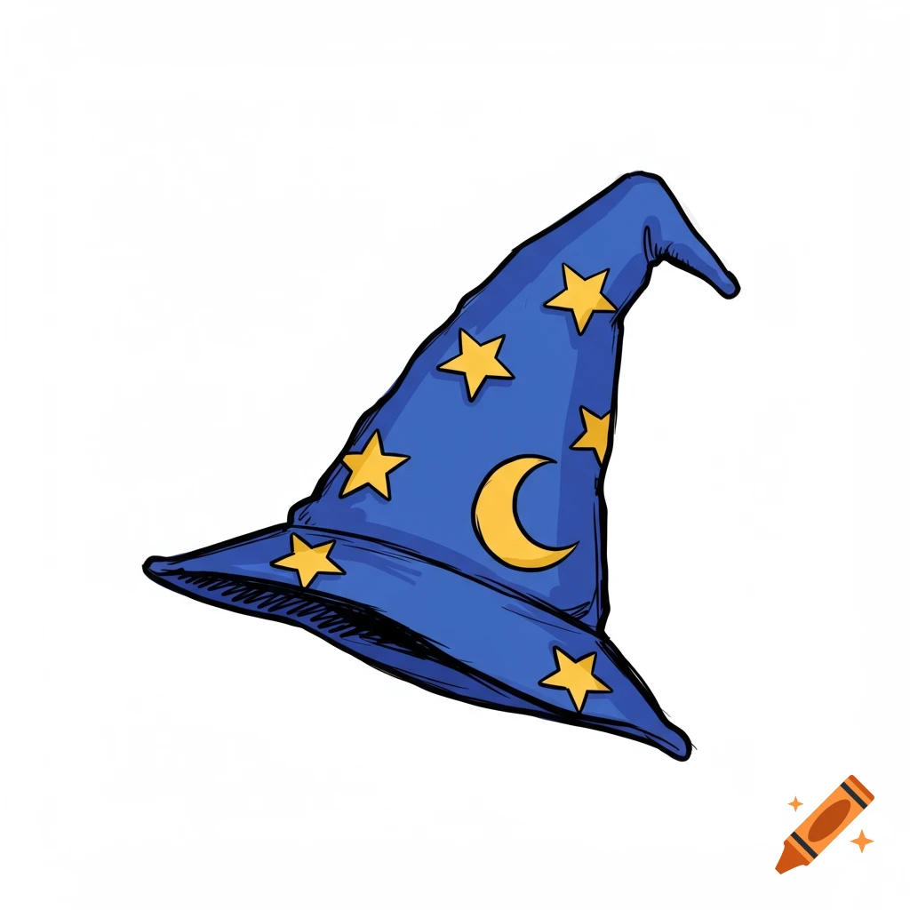 A rough sketch illustration of a blue wizard hat with yellow stars and a crescent moon on a white background.