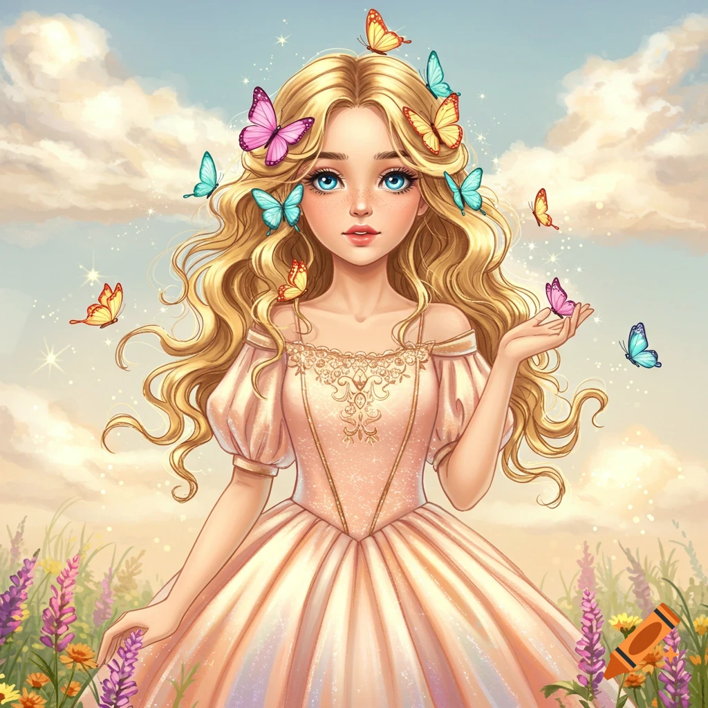 A blonde princess with blue eyes and butterflies in her hair in a field.