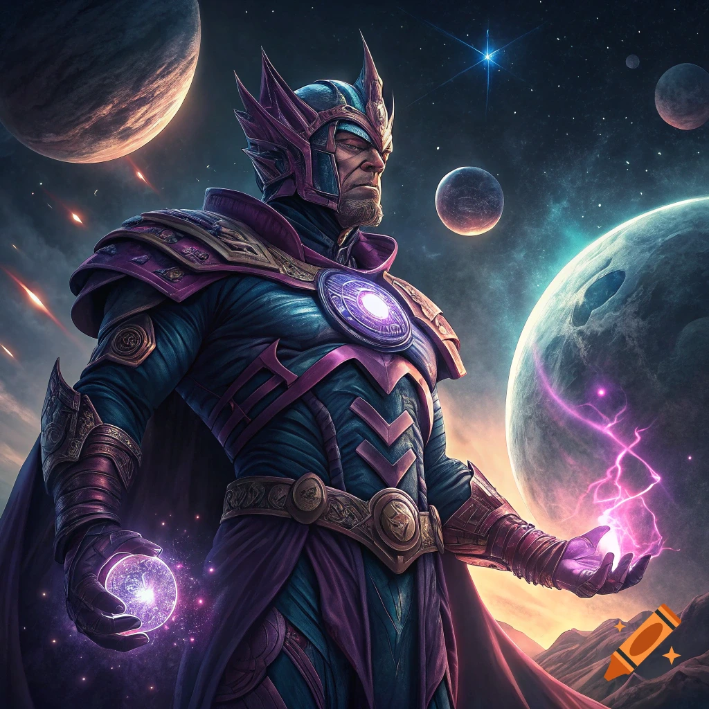 Powerful figure in ornate purple and blue armor holds glowing cosmic energy in space with planets.