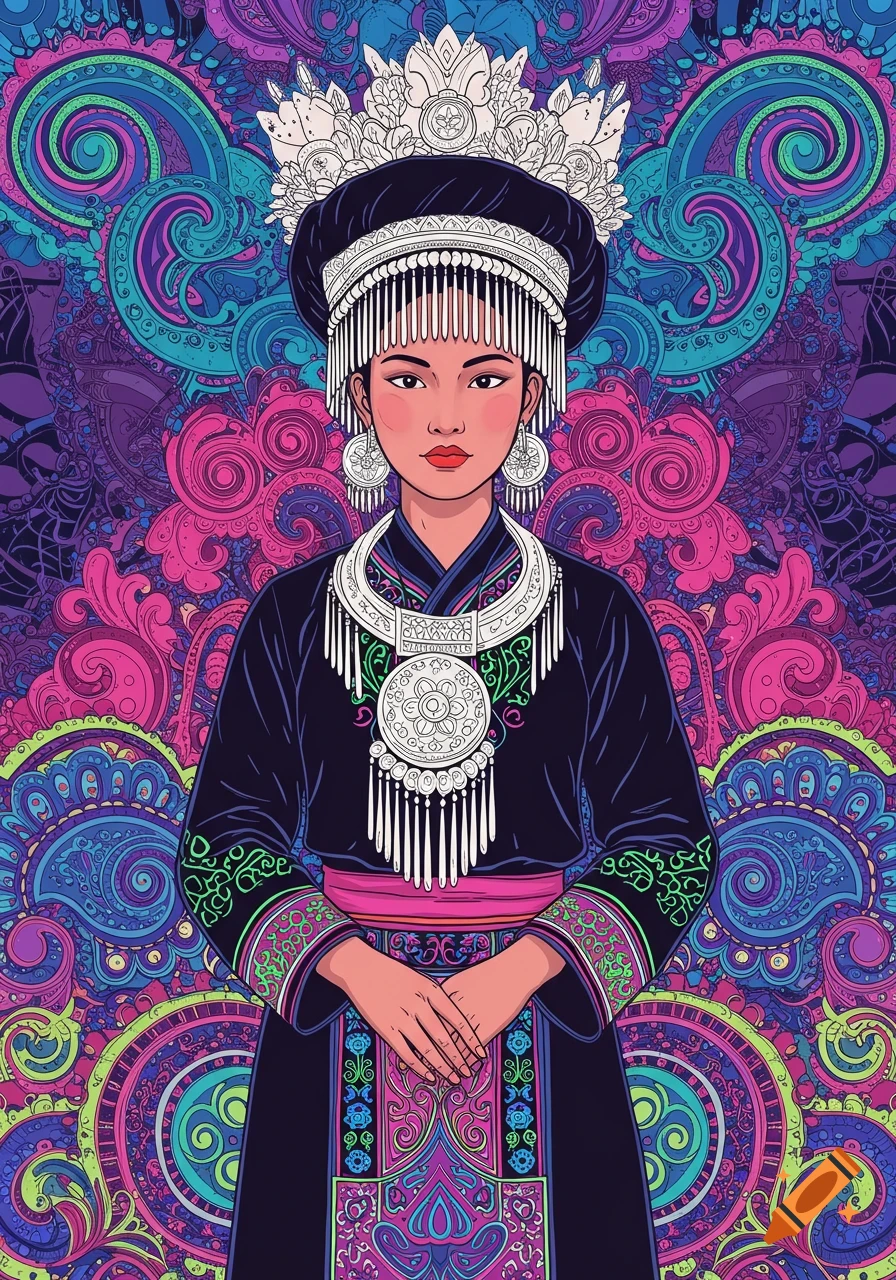 Woman in traditional Hmong clothing and headdress against a colorful psychedelic background.