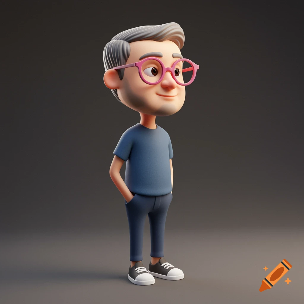 3D render of a cartoon man in pink glasses, blue shirt, and pants.