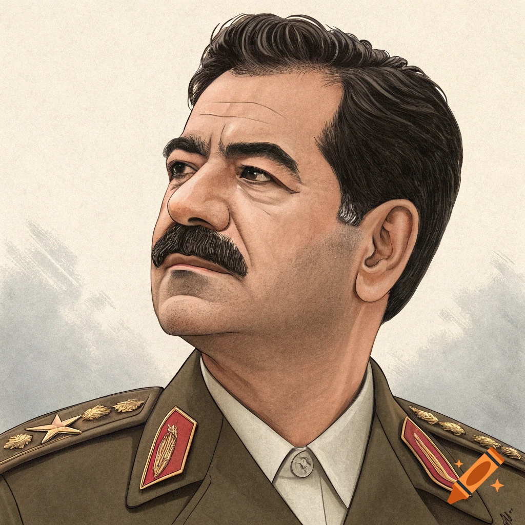 Illustration of a man resembling Saddam Hussein in a military uniform.