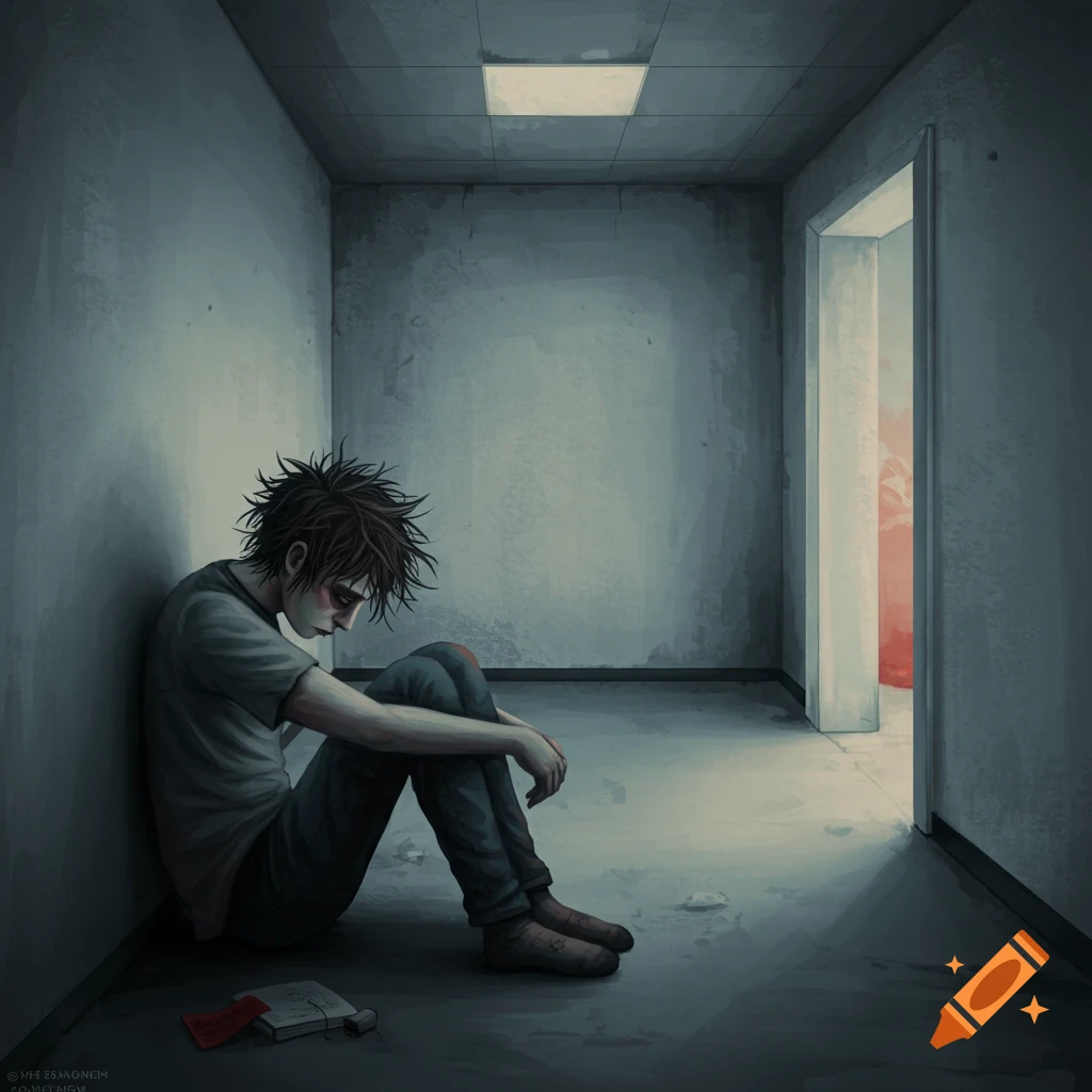Illustration of a sad person sitting alone against a wall in a hallway.
