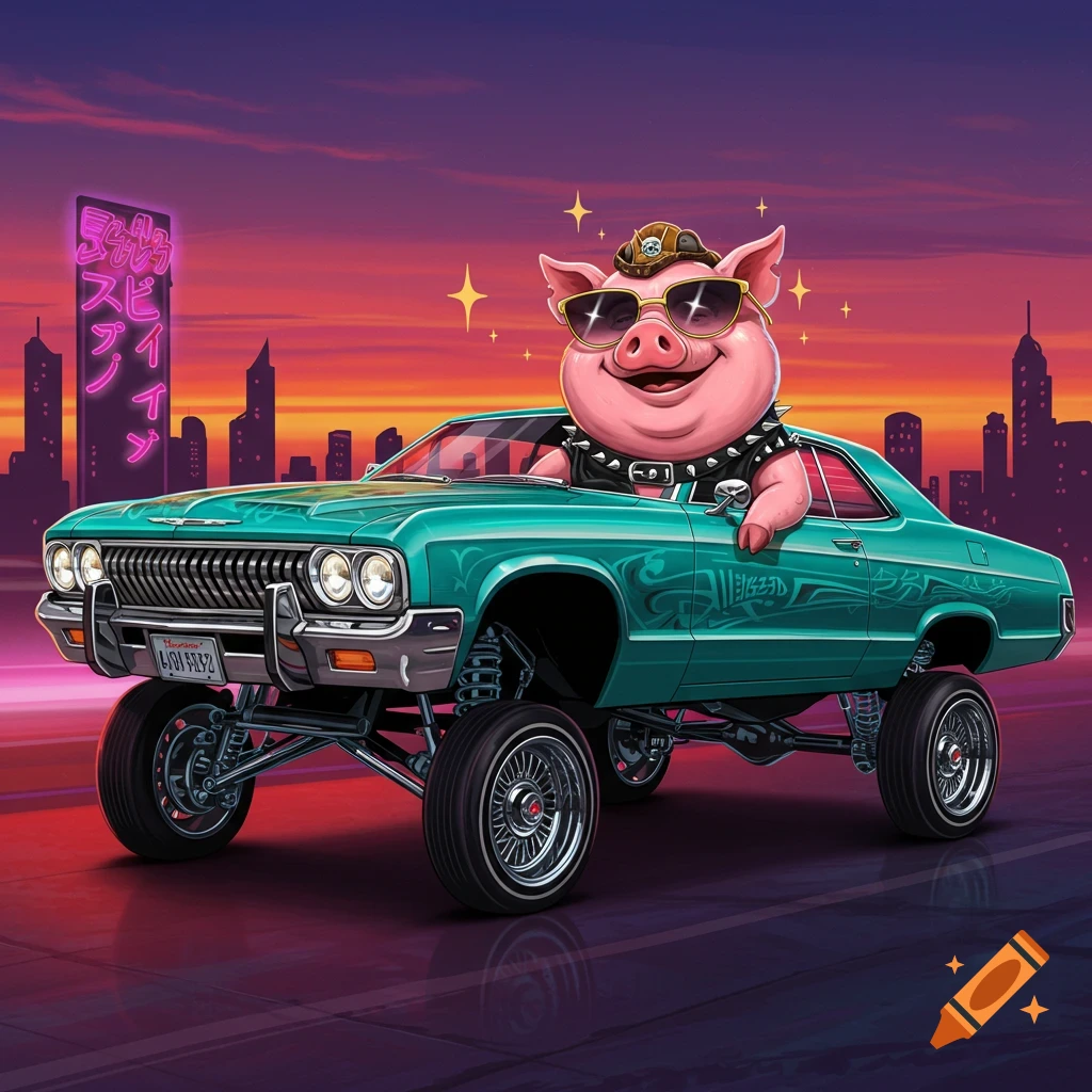 Cartoon pig wearing sunglasses and a studded vest drives a teal lowrider car with a city skyline in the background.