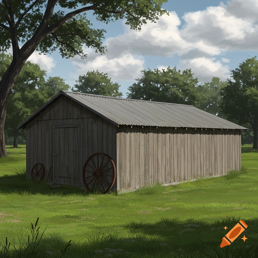A wooden shed with wagon wheels in a grassy field.