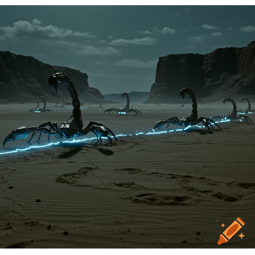 CGI giant scorpions crawl across a desert beach towards cliffs, following a glowing blue energy trail under a cloudy sky.