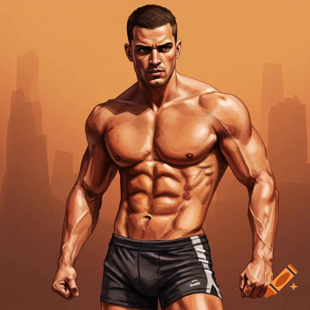 Muscular man in shorts with a cityscape background.
