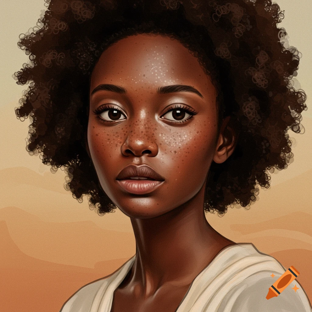 A young Black woman with freckles and afro hairstyle