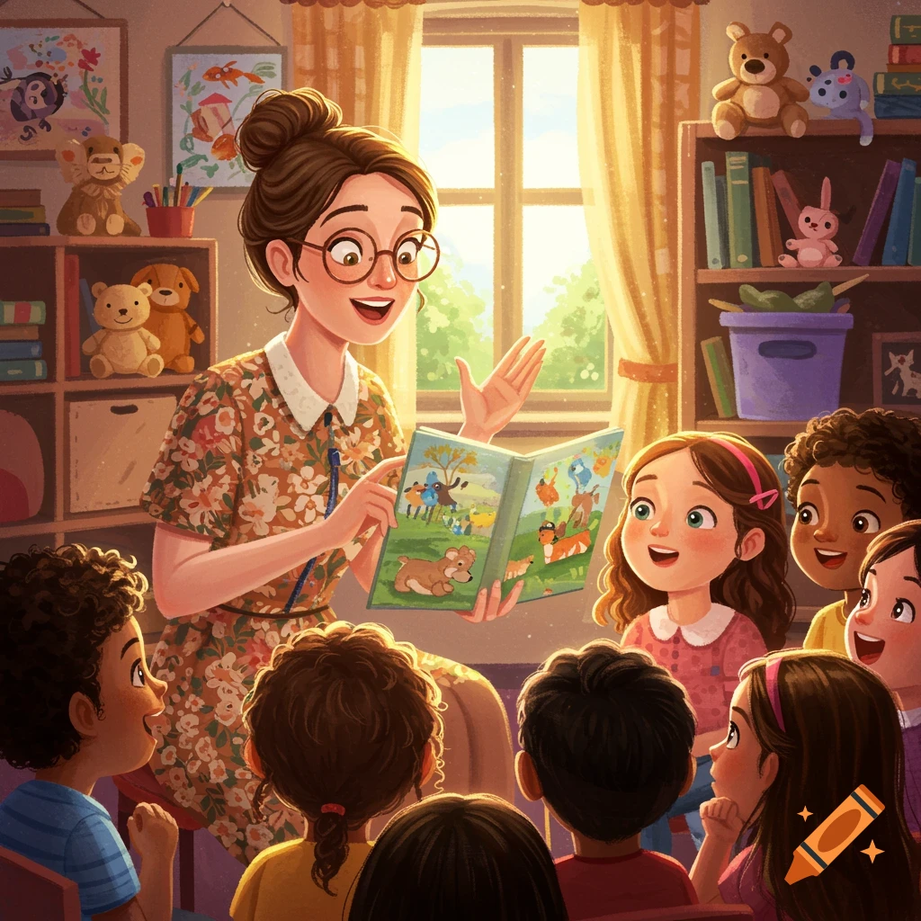 A teacher reads a book to a diverse group of children in a bright classroom, storybook style.